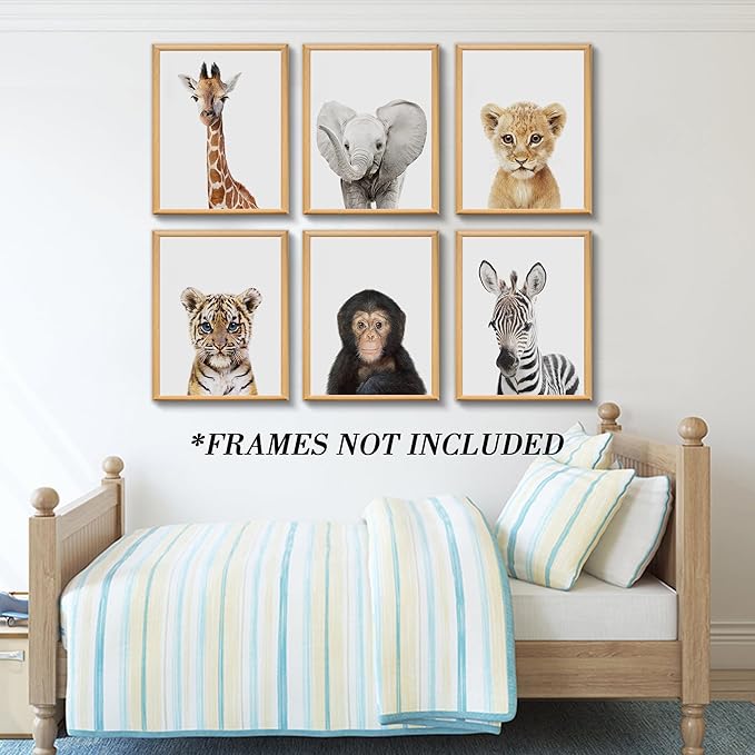 Set of 6 Baby Safari Nursery Wall Decor - Picture Cute Animal Wall Prints on Canvas, under 20 dollars gifts for Baby Boys and Girls Room, UNFRAMED Wall Art