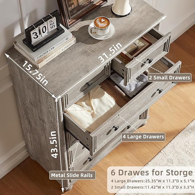Farmhouse 6 Drawer Dresser, Grey Chest of Drawers, 43.5" Tall Dressers for Bedroom with Roman Column and Metal Handles, Rustic Wood Storage Organizer for Living Room, Hallway, Closet
