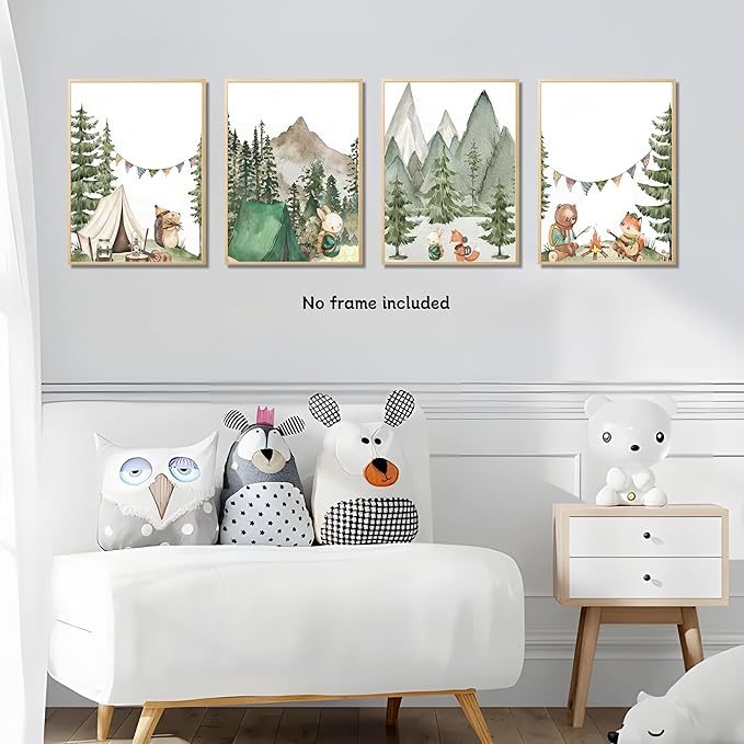 Kousne Woodland Adventure Nursery Canvas Wall Art Set of 4 Camping Animal Prints BearFox Rabbit Hiking PostersForest Mountain Themed Kids Room PictureNature Exploration Wall Decor Frameless 8x10In ﻿