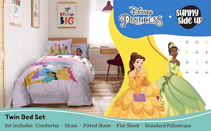Sunny Side Up Disney Princess Twin Comforter Set - 5 Piece Kids Bedding Includes Comforter, Sheets & Pillow Cover - Super Soft Rainbow Stars Microfiber Bed Set