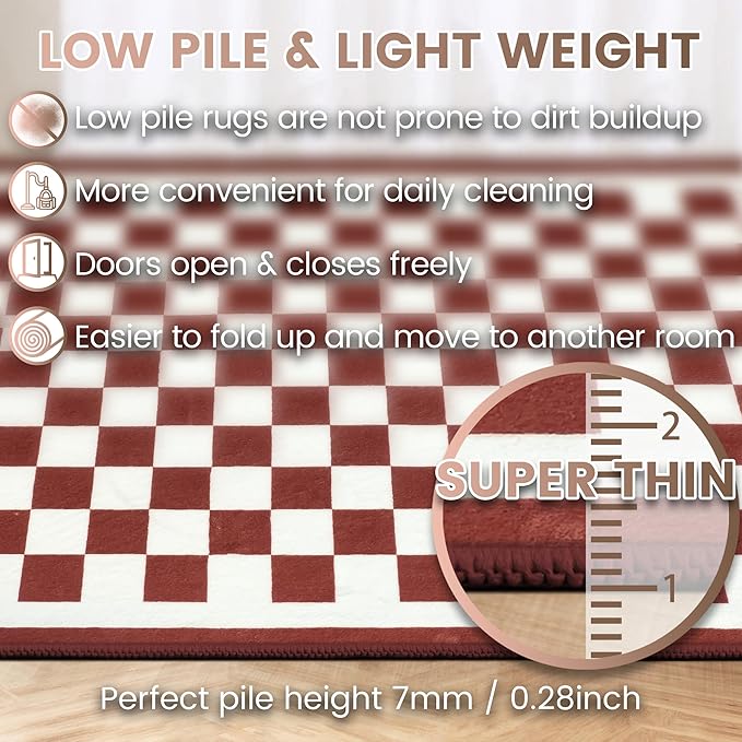 Washable 5x7 Checkered Area Rug for Living Room, Dark Red Checkerboard Modern Boho Large Rugs, Ultra Thin Low Pile Lightweight Indoor Carpet with Non-Slip Backing for Bedroom Kids Nursery Play Room