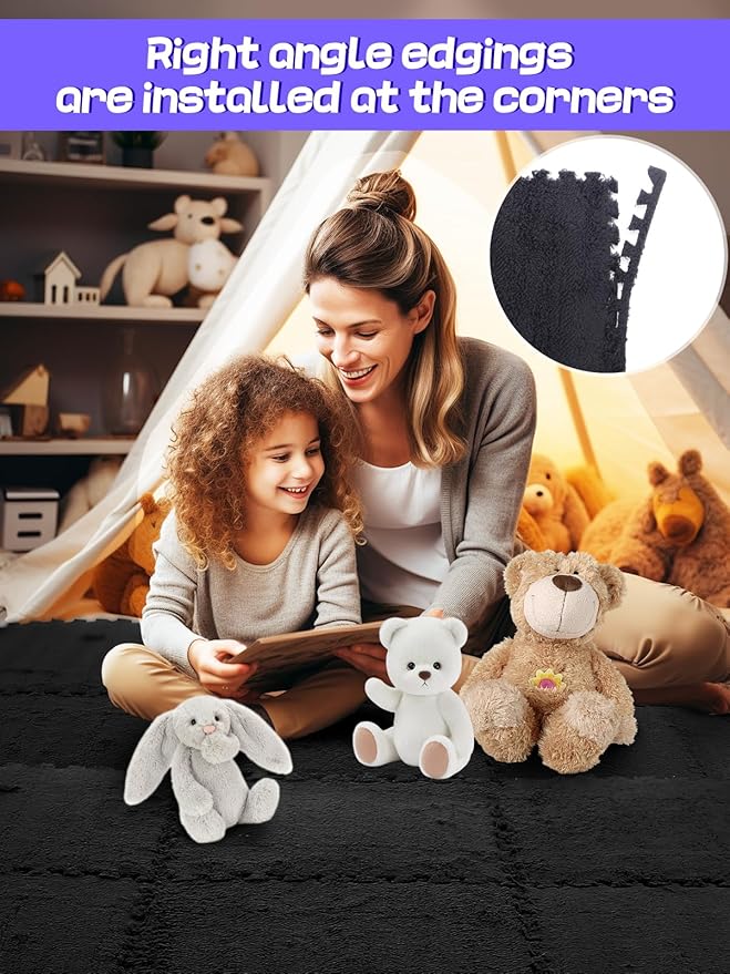 12 pcs Thickened Plush Foam Interlocking Floor Mats, Interlocking Foam Tiles with Edgings for Kids, Soft Anti-Slip Puzzle Area Square Rug Playmat for Children Room Flat (11.8", Black)