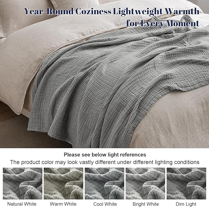 PHF 100% Cotton Muslin Blanket Twin XL Size 66"x90", 4-Layer Lightweight Gauze Throw, Breathable Cloud-Soft Minimalist Blanket for Bed, Couch, Camping & Baby, Grey, Ideal Gift