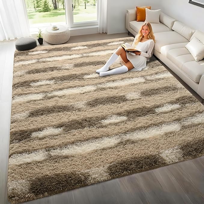 5x7 Feet Area Rugs for Living Room Bedroom,Beige and White Machine Washable Soft Fluffy Shaggy Indoor Rug, Floor Carpet for Girls Boys Kids, Dorms, Nursery Rooms, Home Decor Aesthetic