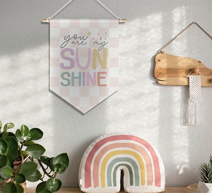 You are My Sunshine Kids Room Nursery Wall Art Decor Cavas Prints Hanger, Boy Girls Toddler Room Playroom Decor, Pink and White Checkered Pennant Flag, 15x11in
