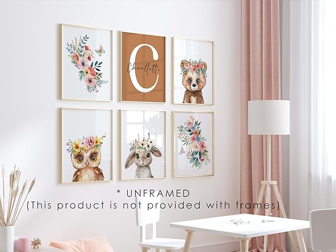 Personalized Flower Woodland Animals for Baby Girl Nursery Bedroom Unframed Poster Prints, Customized Name Cute Animals Wall Art Decor New Baby Girl Gift Present Bear Deer Bunny (12x16, 6 Prints)