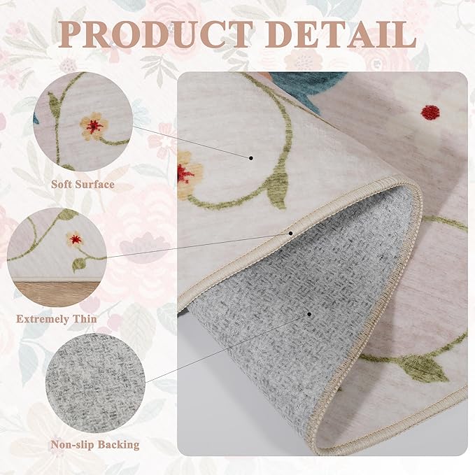 DUKINO 3x5 Area Rug, Floral Rugs for Entryway, Lightweight Non Slip Washable Rug, Indoor Low Pile & Non-Shedding Boho Design Rugs for Bedroom, Living Room, Dining Room, Kitchen, Beige