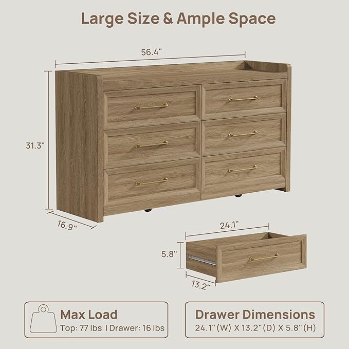 SICOTAS 6 Drawer Dresser for Bedroom-56.4" Extra-Wide Wooden Chest of Drawers with Large Storage, Long Dresser TV Stand with Drawers, Mid Century Modern Closet Dressers for Nursery, Brown Oak