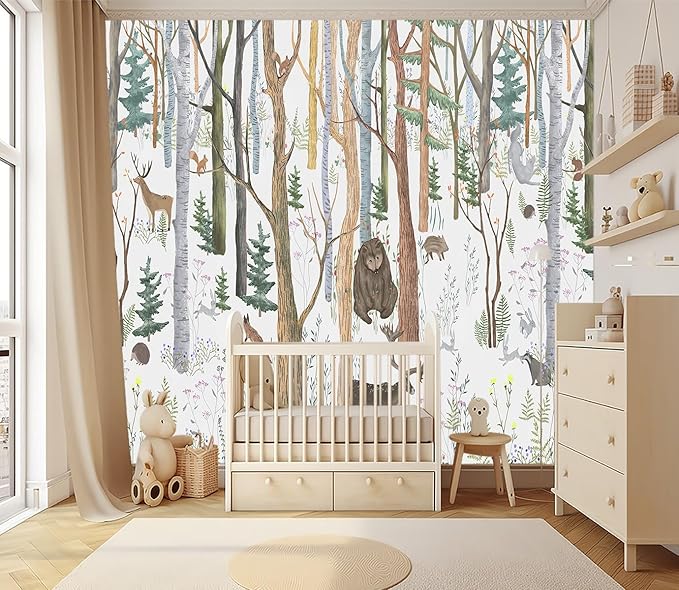 XMPMBM-Cartoon Hand-Painted Animals Woodland Nursery Room Fabric Wallpaper Graffiti Pine Forest Kids Gaming Room Wall Mural-W 154" X H 105"（112 Square Foot）