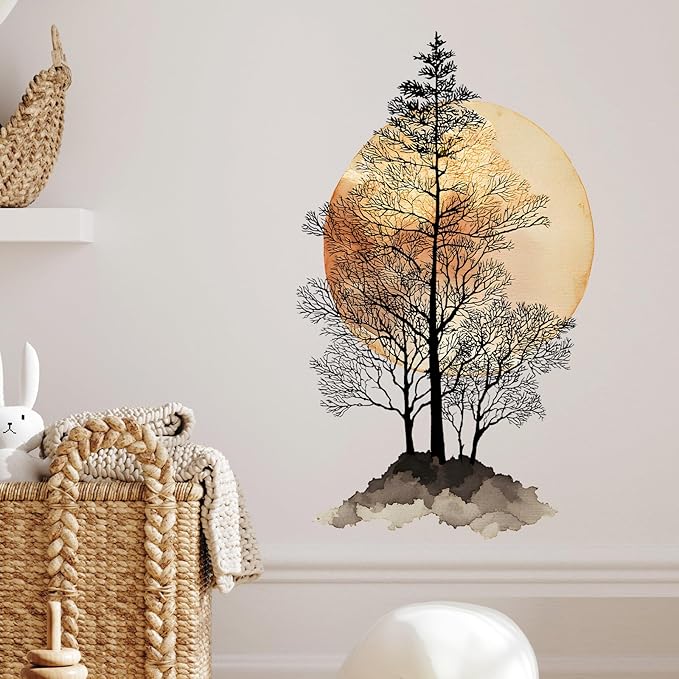 Tree and Moon Wall Decals Removable Boho Vinyl Stickers for Nursery Living Room and Kitchen Decor Peel and Stick Japanese Wall Art