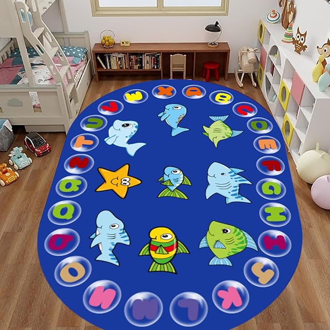 Alphabet ABC Kids Rug 5x6ft - Non-Slip Washable Cartoon Animal Ocean Carpet for Playroom, Preschool & Nursery - Educational Floor Mat for Toddlers Boys Girls
