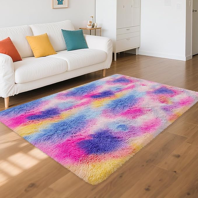 Rainbow Area Rugs 3x5 ft,Tie-Dyed Unicorn Fluffy Fuzzy Shaggy Carpet Soft Plush Furry Rug,for Bedroom Living Room Indoor Floor Rug Kids Girls Boys Home Decor Aesthetic, Dorm Nursery