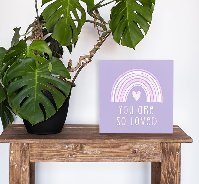 SRADMO You Are So Loved Rainbow Heart Wood Box Sign Desk Decor, Kids Inspirational Quotes Wooden Block Box Sign Decoration for Kids Room Nursery Shelf Table Decorative Accessories (Purple), 8x8 Inches