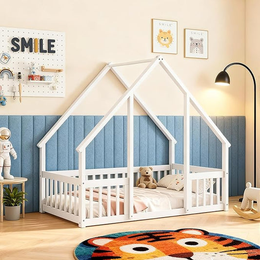 Casaphoria Twin Size House-Shaped Montessori Bedframe, Solid Pine Wood Kids Bed Frame, Toddler Floor Bed with Door & Fence for 1-3 Years Old Kids, White