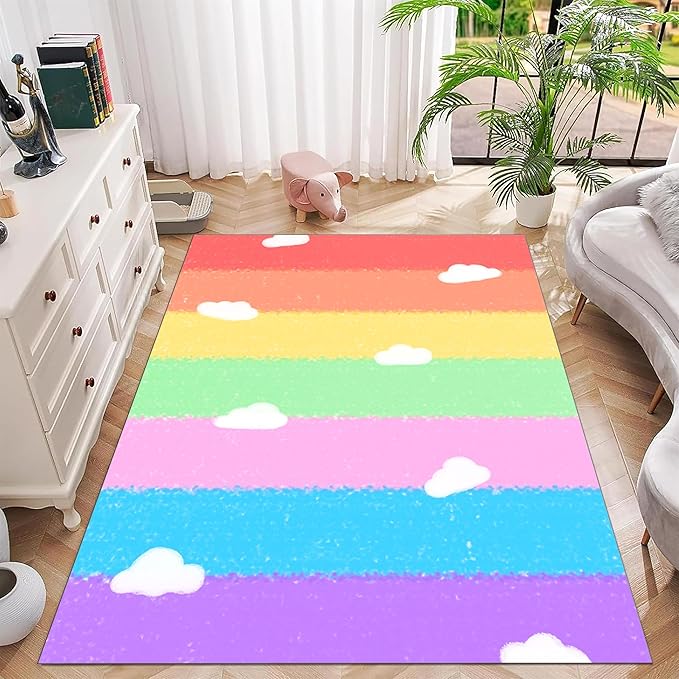 Soft Rainbow Area Rugs Girl's Bedroom Fluffy Colorful Rugs Cute Floor Mats Furry Children's Play Mats White Cloud Rainbow Prints Living Room Kids Room Nursery Home Decor 5x7ft