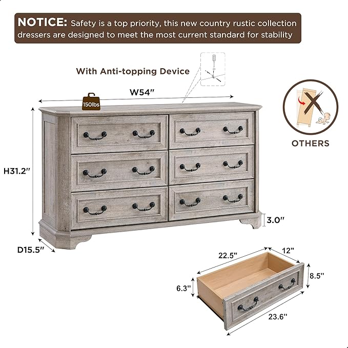 T4TREAM Farmhouse 6 Drawers Dresser for Bedroom, 54" Wide Wood Rustic Chest of Drawers with Natural Texture, Vintage Design, Storage Dressers Organizer for Bedroom, Living Room Light Rustic Oak