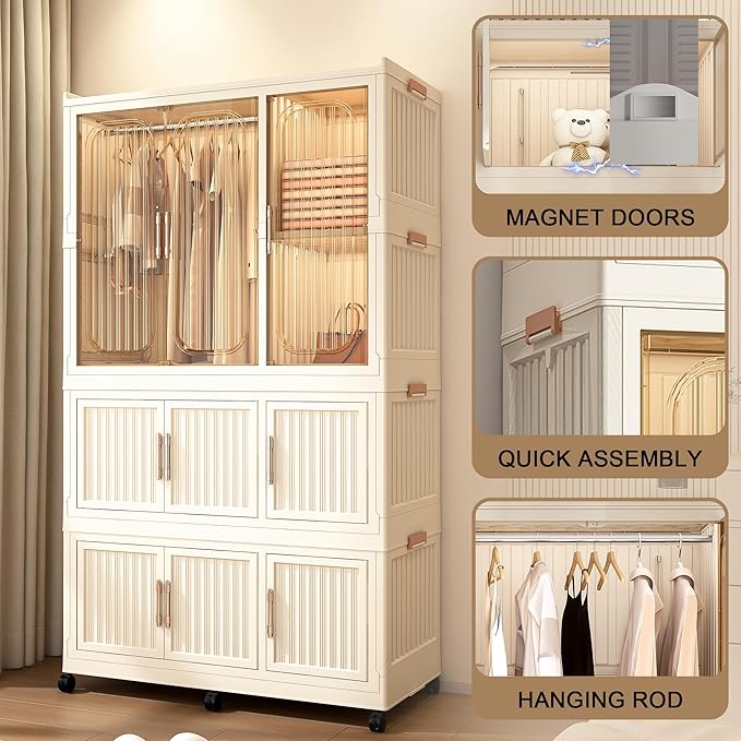 Kids Portable Wardrobe Closet Organizer with Magnetic Doors, 8 Cubes & 1 Hanging Rod, 6 PCS Hangers, Children's Plastic Wardrobe Closet for Bedroom Storage, Large Storage Cabinet