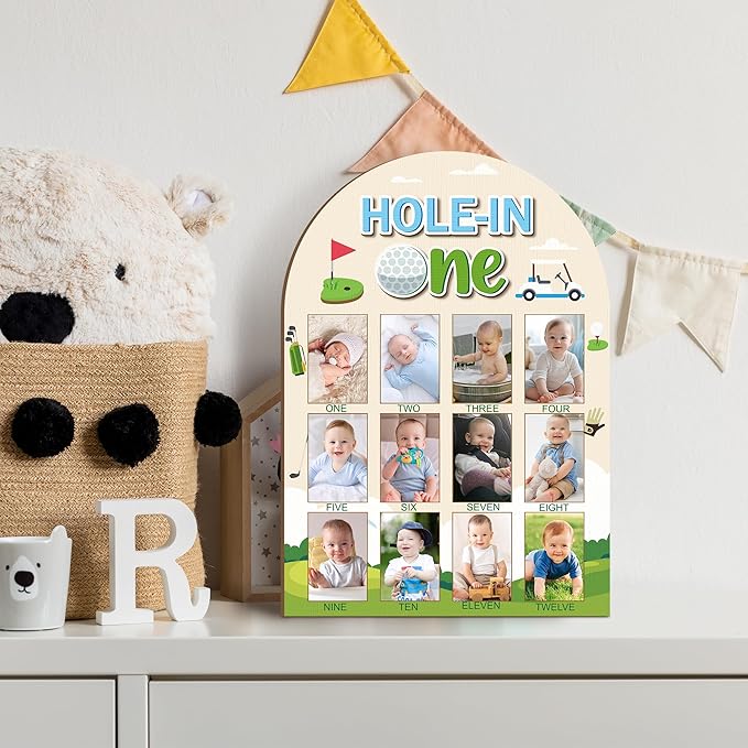R HORSE My First Year Photo Display Wood Board - Baby’s First Year Picture Frame, 12 Months Milestone Board, 3D Golf Themed Neutral Baby Keepsake Gift One Year Old Birthday Nursery Decor for Girl Boy