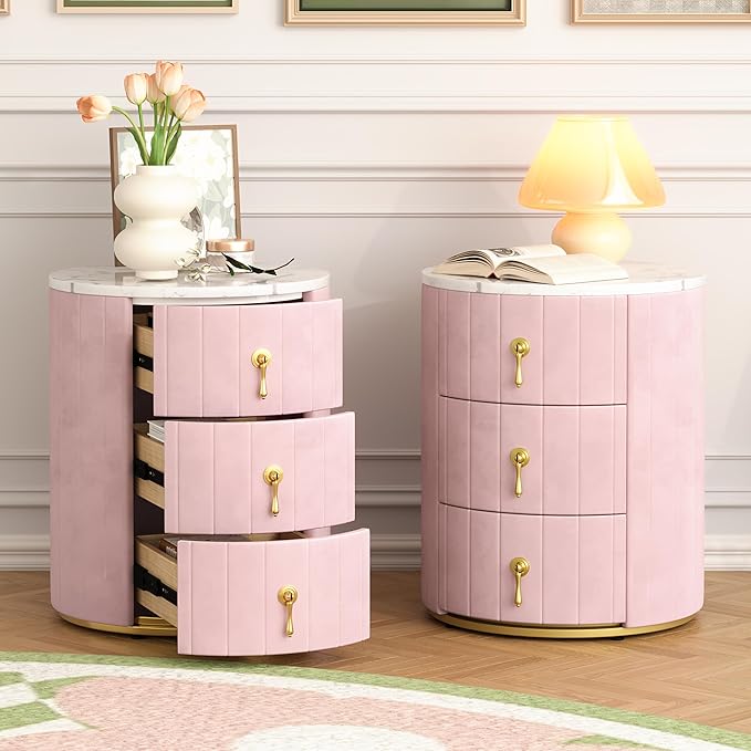 Bellemave Set of 2 Upholstered Nightstand with 3 Drawers, Two Round Bedside Tables with Metal Handles, Velvet End Tables, Marbling Stickers Top Nightstands (Pink)