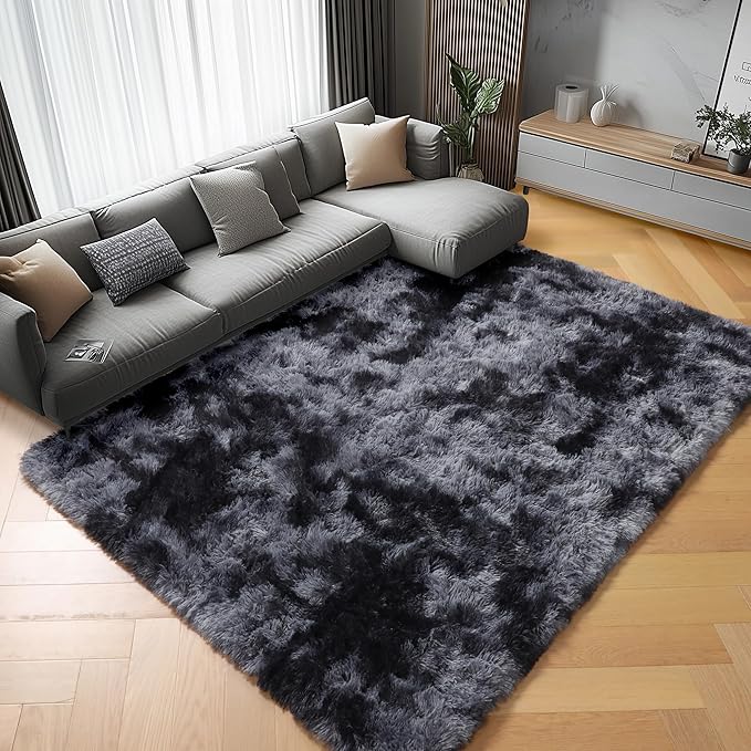 ONASAR 6x9 Area Rugs for Living Room Bedroom, Tie-Dyed Dark Grey Washable Large Fluffy Bedside Throw Rug, Soft Plush Shaggy Fuzzy Floor Carpet for Nursery Kids Girls Boys Teen Dorm Home Decor