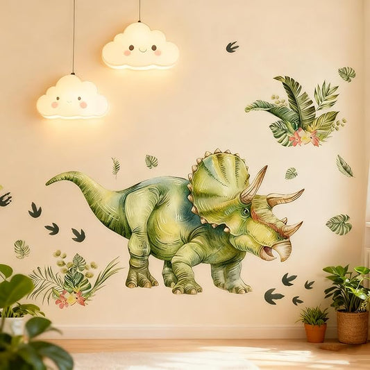 Large Dinosaur Wall Stickers, Geen Triceratops Dino with Plantain Leaf, Wall Decals Peel and Stick Decal for Nursery Kids Room Décor