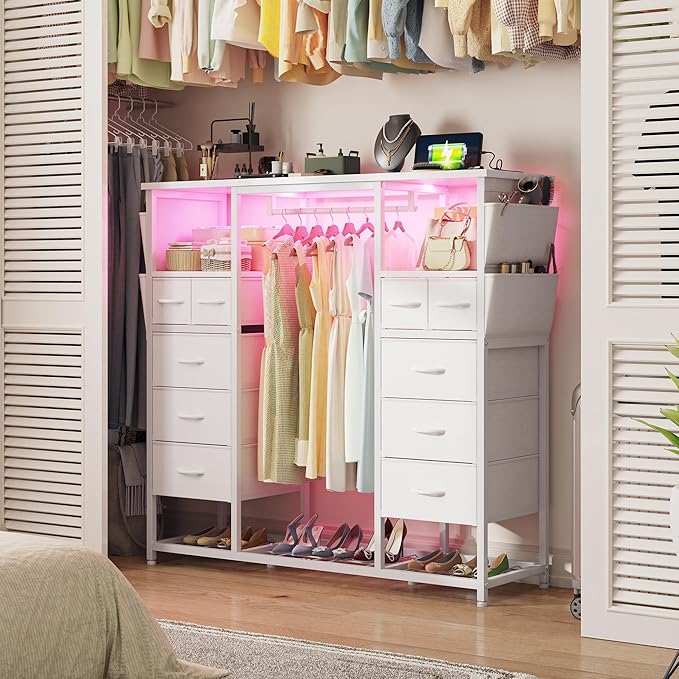51.2" H White Dresser with Hanging Rack, 10 Drawers Dresser for Bedroom, Fabric Chest of Drawers with LED Lights & Charging Station, Wooden Top & Sturdy Frame, White