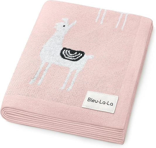 Knit Swaddling Baby Blanket - 100% Fine Loomed Cotton Cozy Receiving Cuddle Stroller Crib Swaddling Stroller Swaddle Quilt Blanket for Newborns Infants Toddler Boys and Girls (Llama - Pink)