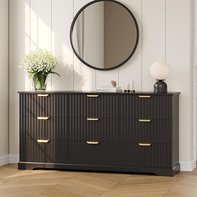 Fluted Dresser with 9 Drawers for Bedroom, 63" Wide Dresser with Metal Handle, Wooden Chest of Drawers for Bedroom, Living Room, Entryway, Black