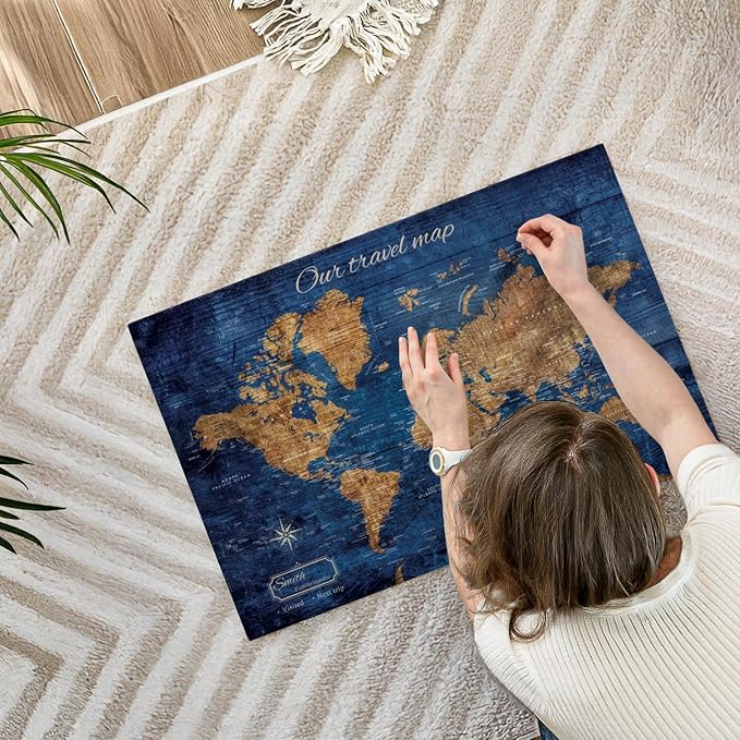 ElephantStock - Personalized Our Travel I Push Pin World Map Wall Art - Horizontal Canvas Wall Art - Living Room Wall Decor - Digital Art Map Canvas Art - Brown And Blue Decor - 30" x 20"