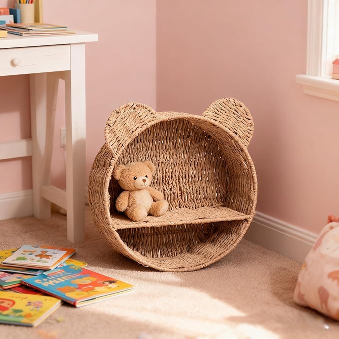 Bear-Shaped Wicker Wall Shelf – Handmade Woven Nursery Bookshelf for Kids Room, Boho Wall-Mounted Storage Organizer for Toys, Books & Décor
