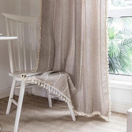 Deeprove Boho Curtain 63 Inches Length for Bedroom Living Room, Cotton Linen Weighted Taupe Stripes Embroidery, Semi Blackout Bohemian Retro Window Treatment Drape Tassels 1 Panel W52 x L63 Natural