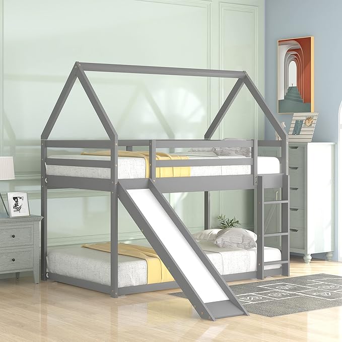 Twin Size Bunk House Bed with Slide and Ladder,can Switch Positions Left & Right,Bedroom Wood Loft Bed Frame W/No Box Spring Required,Easy to Assemble,for Kids Teens Girls Boys,Gray
