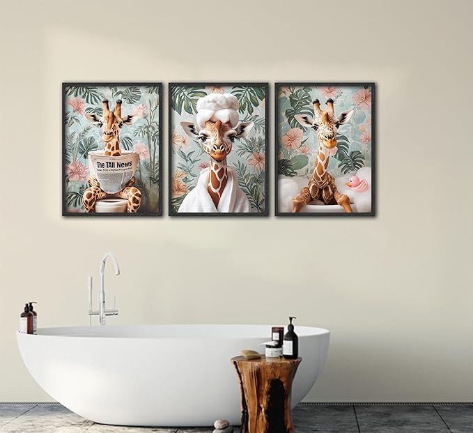 3Pcs Funny Animal Bathroom Canvas Wall Art Giraffe Reading Newspaper on Toilet Painting Picture Wall Decor Eclectic Jungle Giraffe Bathrobe Bathtub Poster Print for Toilet Bathroom Home Decoration