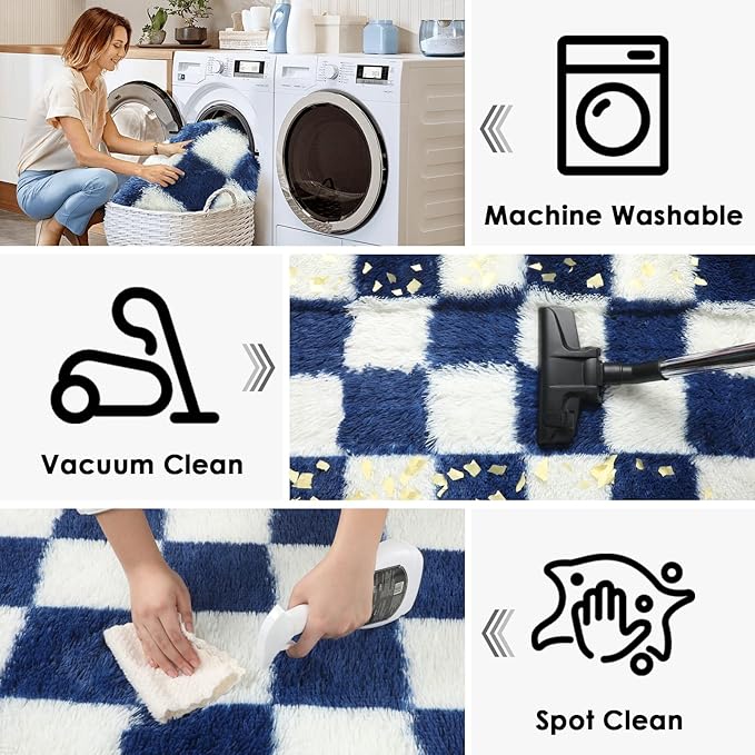 KICMOR Large Area Rug for Living Room 6x9, Big Fluffy Shag Fuzzy Navy Blue and Cream White Checkered Rugs Soft Plush Carpet for Bedroom, Cute Shaggy Rug for Kids Boys Girls Room Nursery Home Decor