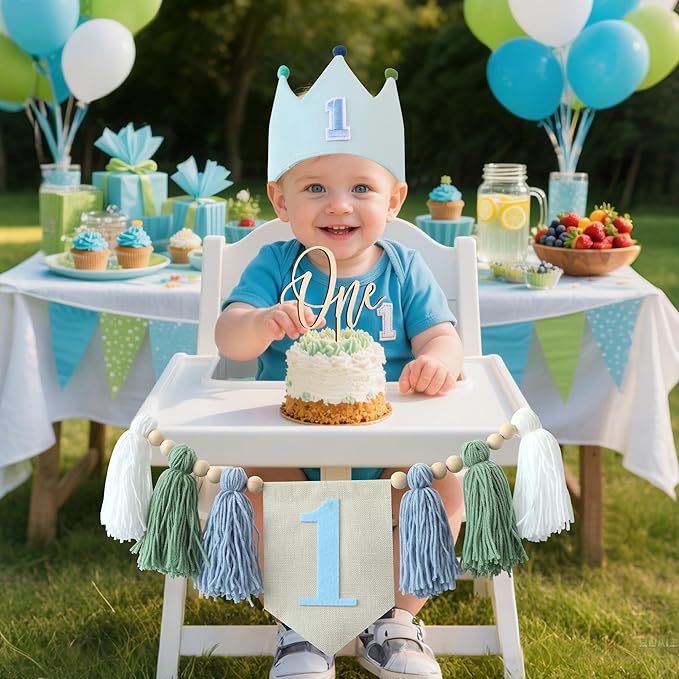 Baby 1st Birthday Party Decorations For Handmade Tassel Garland Highchair Banner With One Cake Topper Blue Crown Hat