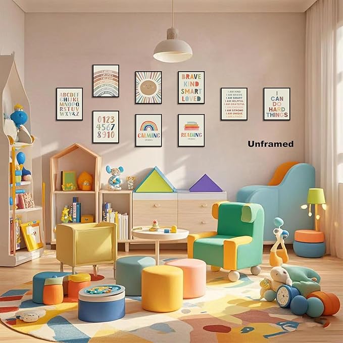 Baby Alphabet Wall Art Set of 9, Boho Rainbow Canvas Posters Prints, Kids Playroom ABC Positive Affirmation Wall Decor Paintings for Kids Room Playroom Nursery Home Decor 8x10In Unframed