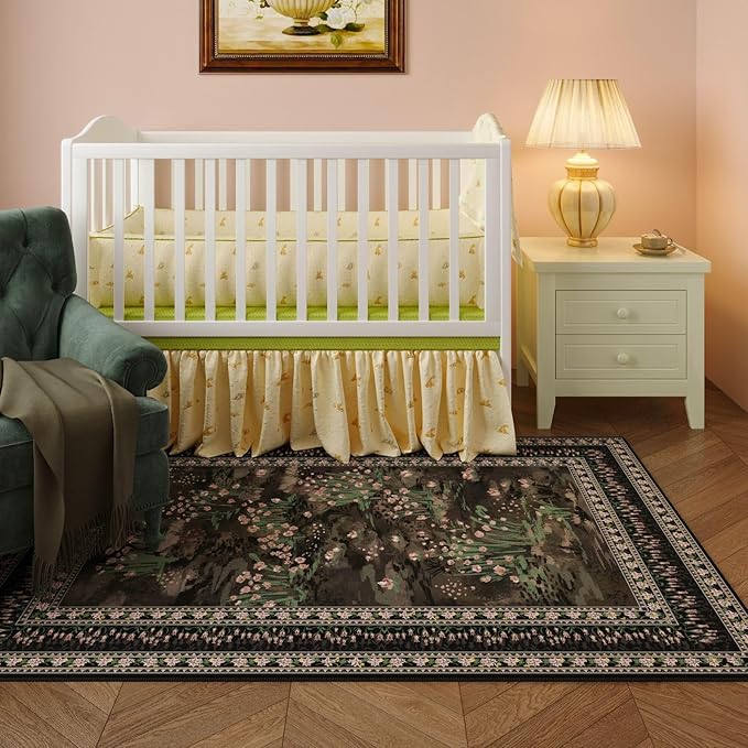 Rugcomf 3x5 Washable Rug Impressionist-Style Vintage Non Slip Low Pile Small Carpet for Bedroom Bedside Kitchen Entryway Kids Room Office College Dorm Essentials for Girls, Black