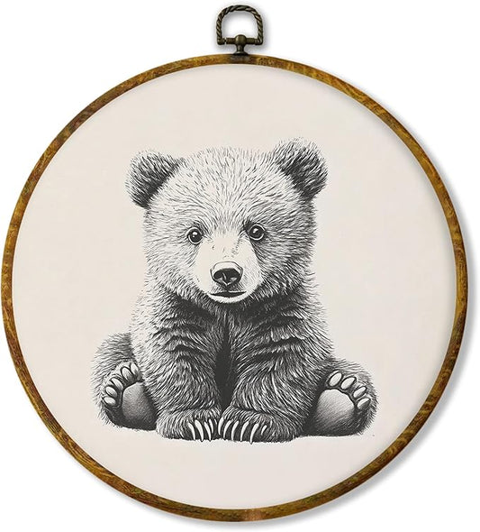 Hiuwevt Vintage Bear Round Wall Art Decor, Cottagecore Neutral Bear Framed Canvas Prints, Retro Forest Wild Animal Round Wall Hanging Decor for Home Nursery Kids Bedroom Decorations, 10x10 Inches