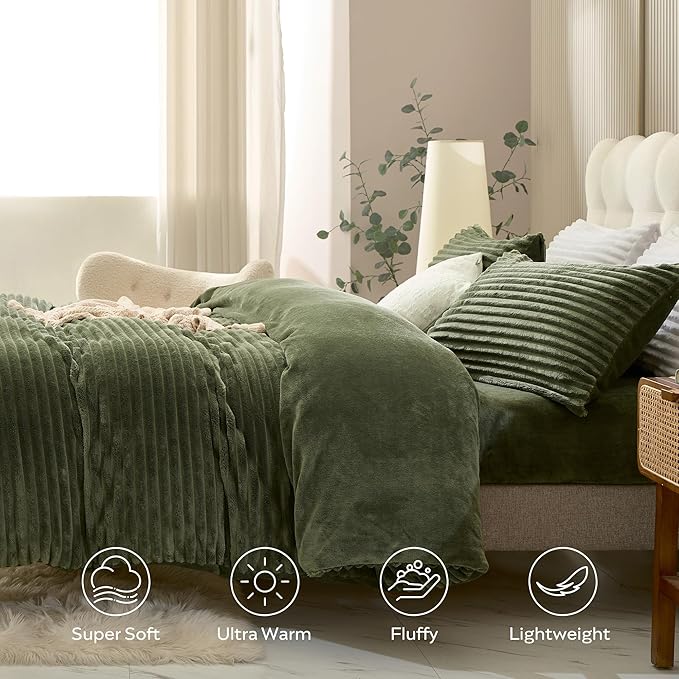 JELLYMONI Plush Duvet Cover Set - Queen Size Green Striped Fluffy Comforter Cover 3pcs Bedding Set Luxury Ultra Soft Faux Fur Duvet Cover with Zipper and 2 Pillowcases (NO Comforter)