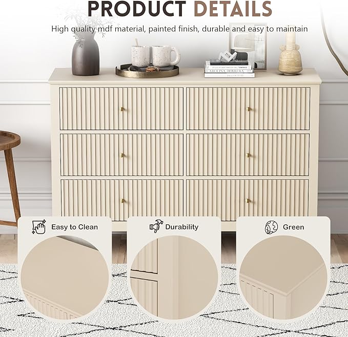Beige Dresser for Bedroom, 6 Drawers Fluted Chest of Drawers with Storage, Modern Wide Storage Dresser with Paint Design, Wood Drawer Organizer Beige Dressers for Entryway, Hallway