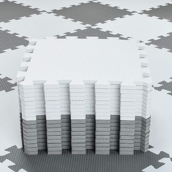 qqpp EVA Rubber 18 Tiles Interlocking Puzzle Foam Floor Mats - Baby Play Mat for Playing | Exercise Mat for Home Workout. White, Gray. QC-ALb18N