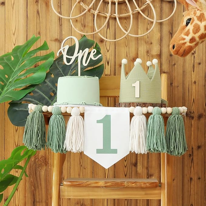 Wild One High Chair Banner For 1st Birthday Party Boy Decorations With Green Tassel Garland Crown Hat Cake Topper