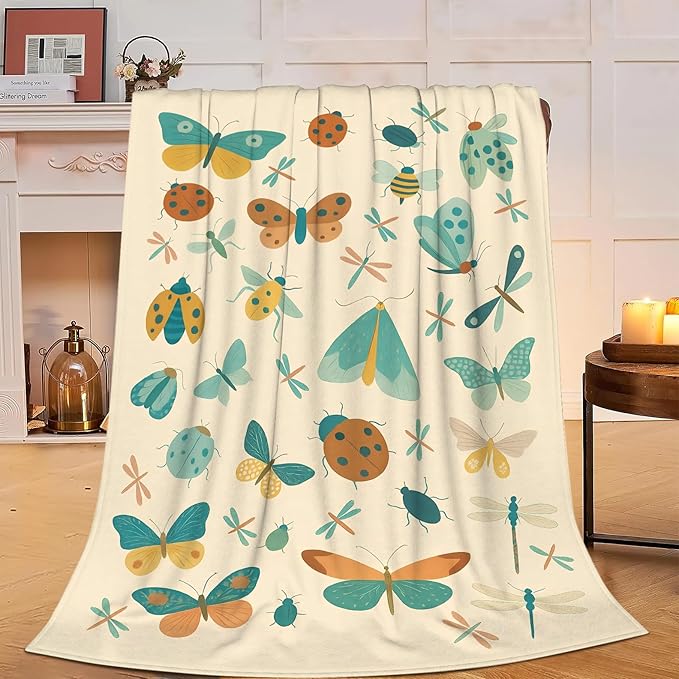 Colorful Insect Bugs Throw Blanket Moth Beetle Dragonfly Blanket Soft Cozy Fleece Fuzzy Plush Warm Stuff Animal Bedding Bugs Insects Blankets Gift for Boys Girls Kids Adult Men Women 40"X50"