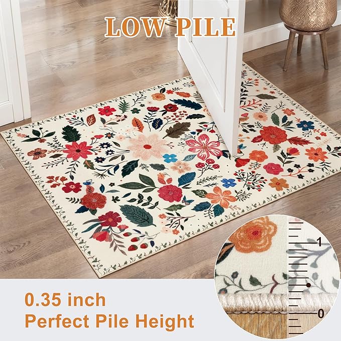 Tangsoo 5x7 Area Rug for Living Room Bedroom, Non Slip Machine Washable Boho Floral Rug, Low Pile Large Floor Carpet Indoor Mats for Kids Room, Farmhouse, Dining Room, Office(Beige/White)