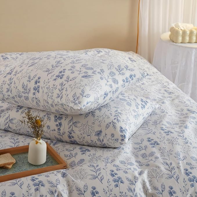 3 Pieces Duvet Cover Twin XL White Duvet Cover with Blue Floral Print,Coquette Bedding Soft Cotton Comforter Cover Boho Style,Aesthetic Twin XL Bedding Set with Zipper Closure 4 Ties,All Season