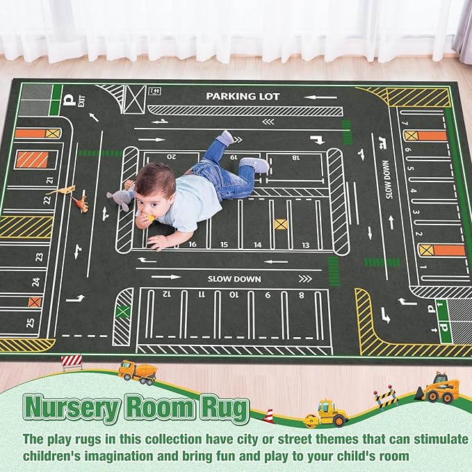 Tinideya Kids Carpet Playmat Rug Player Car Rug, 5x7 ft Traffic Map Mat Educational Game Area for Toddler Children Playroom Classroom Bedroom (Parking, Green)