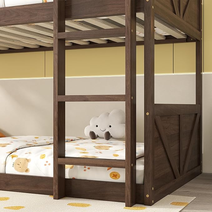 Bunk Bed Twin Over Twin, Wood Low Profile Floor Twin Bunk Beds with Headboard Ladder Guardrails for Kids Boys and Girls, No Box Spring Needed
