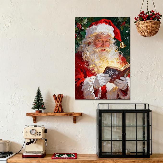 YONICA Christmas Canvas Wall Art Reading Santa 18x24 Inch Oil Painting with Glowing Book and Holly - Large Framed Gallery Wrapped Library Decor