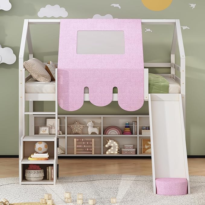 Playhouse Design Full Size Wood Loft Bed with Slide and Tent, Low Loft House Bed Frame with Storage Shelves and Removable Car-Shaped Staircase for Kids Teens Boys Girls Bedroom (White-PT)