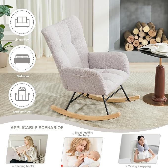 Nursery Rocking Chair Teddy Upholstered Glider Rocker Rocking Accent Chair with High Backrest Armchair Comfy Side Chair for Living Room, Bedroom, Offices (Light Gray)